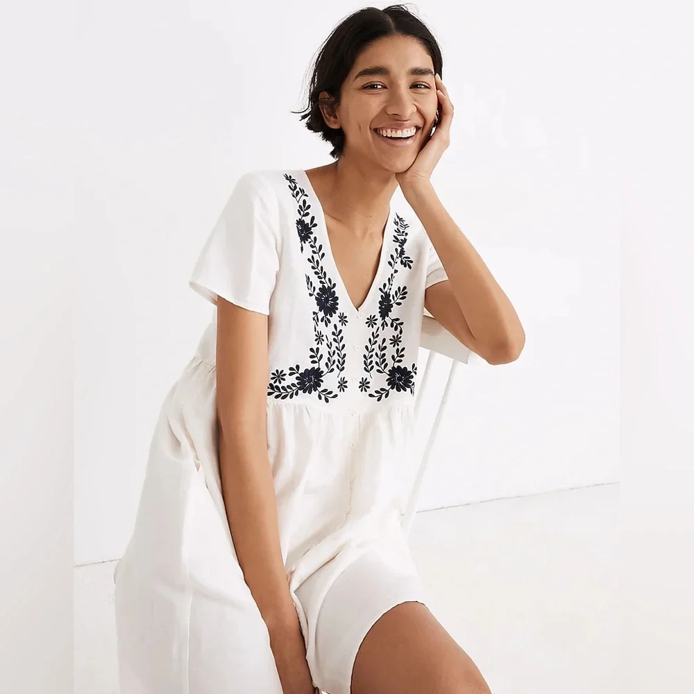 Madewell White Navy Embroidered Linen-Blend Alexandra Button-Front Mini Dress - Picture 2 of 8